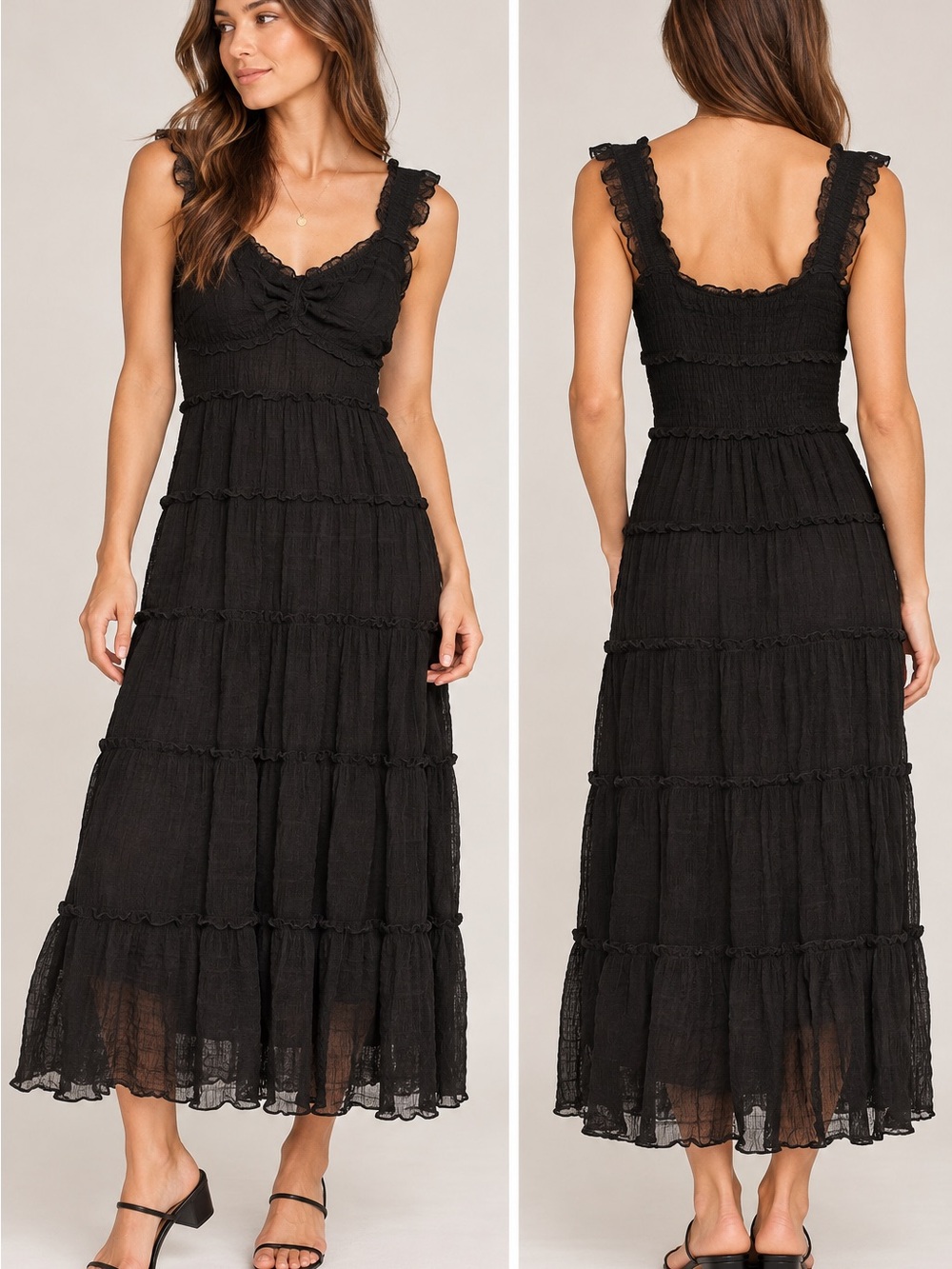 Max Studio Black Ruffle-Trim Smocked Tiered Maxi Dress